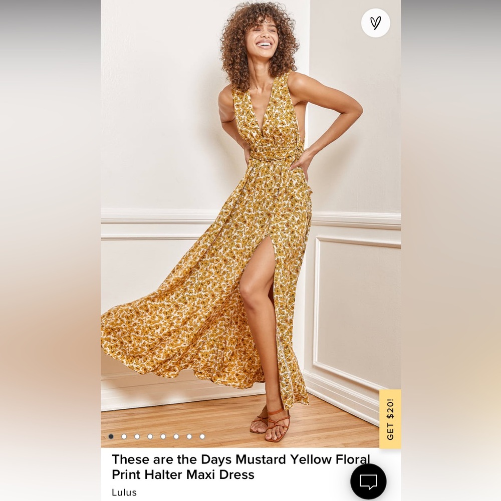 Lulus These are the Days Mustard Yellow Floral Print Halter Maxi Dress, NWT